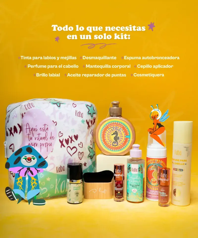 Contenido del Kit La Solar: Autobronceador, Brillo Labial, Perfume Capilar y Aceite de Puntas.