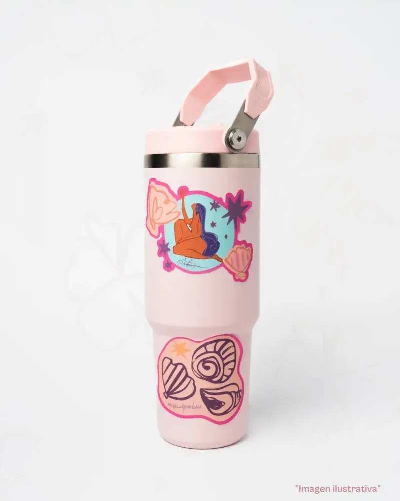 Termo Rosado Decorado con Calcomanias de Vinilo