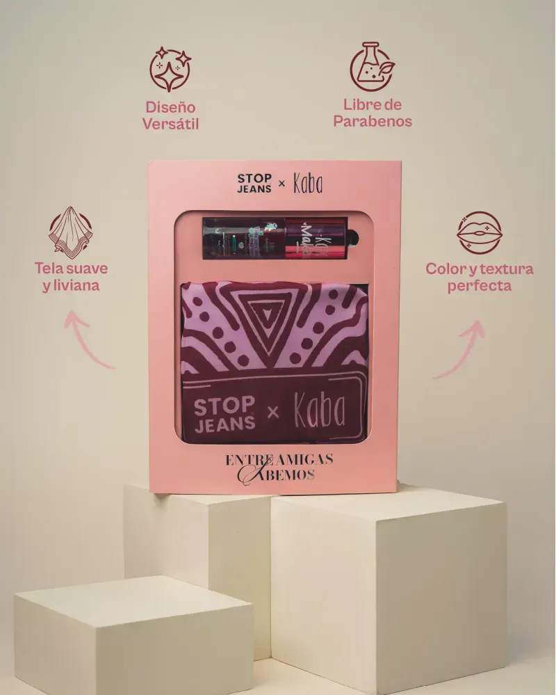 Kit Entre Amigas Stop Jeans x Kaba en caja de regalo con tinta de labios y pañoleta