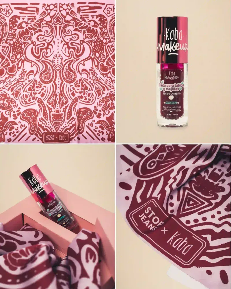 Detalles de la tinta para labios Strawberry y estampado de la pañoleta Stop Jeans x Kaba