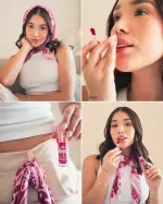 Formas de uso de la pañoleta en el cabello y pretina con la tinta de labios Kaba